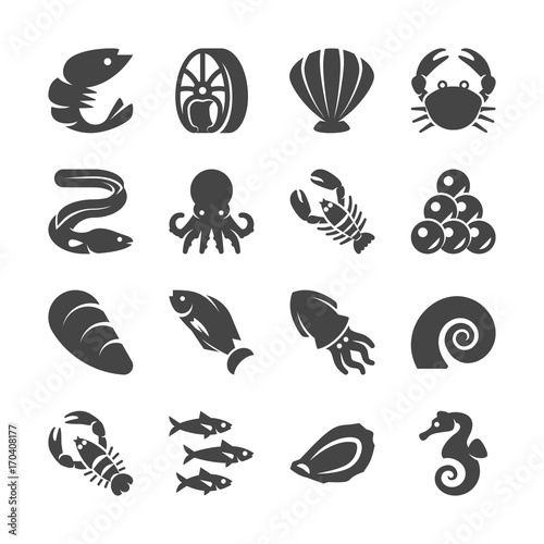 Sea food black silhouette vector icons