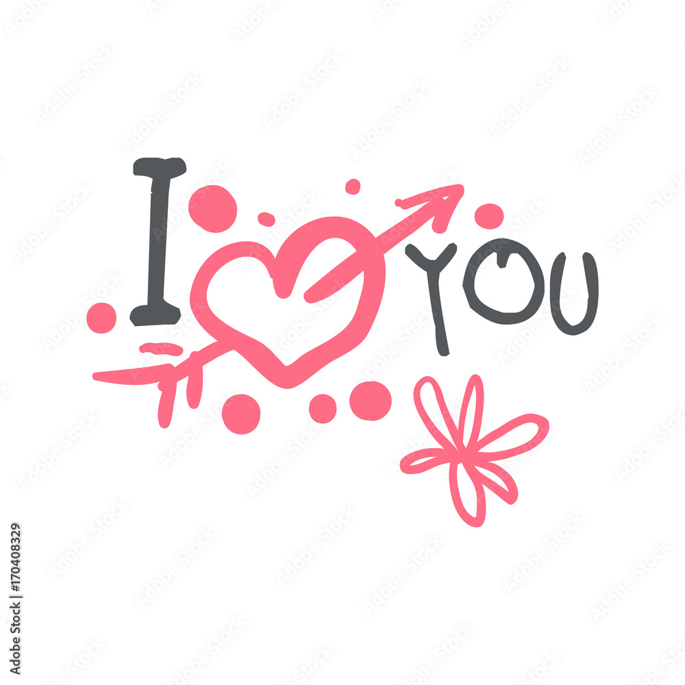 I love you logo template, colorful hand drawn vector Illustration with pink heart and arrow
