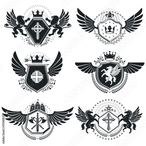 Vintage heraldry design templates, vector emblems. Collection of symbols in vintage style.