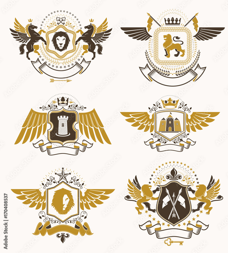 Set of luxury heraldic vector templates. Collection of vector symbolic blazons made using graphic elements, royal crowns, medieval castles, armory and religious crosses. Set of luxury heraldic vector templates. Collection of vector symbolic blazons made using graphic elements, royal crowns, medieval castles, armory and religious crosses.