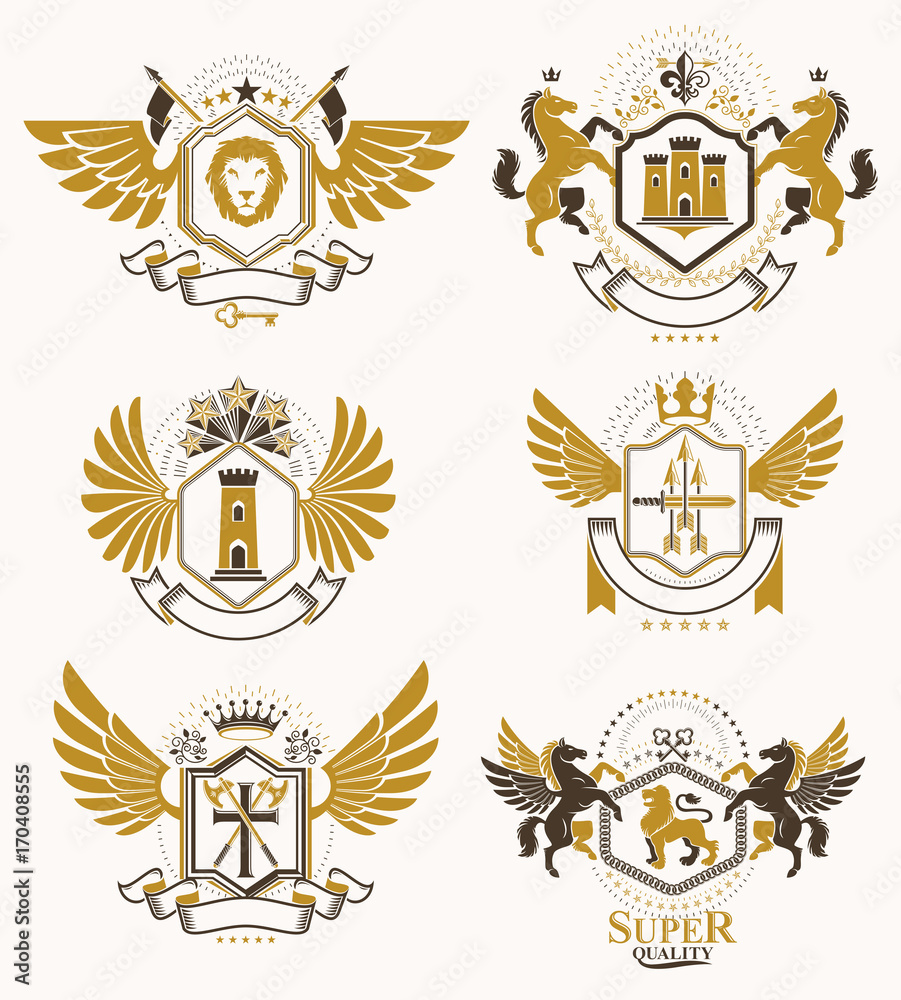 Collection of vector heraldic decorative coat of arms isolated on white and created using vintage design elements, monarch crowns, pentagonal stars, armory, wild animals.