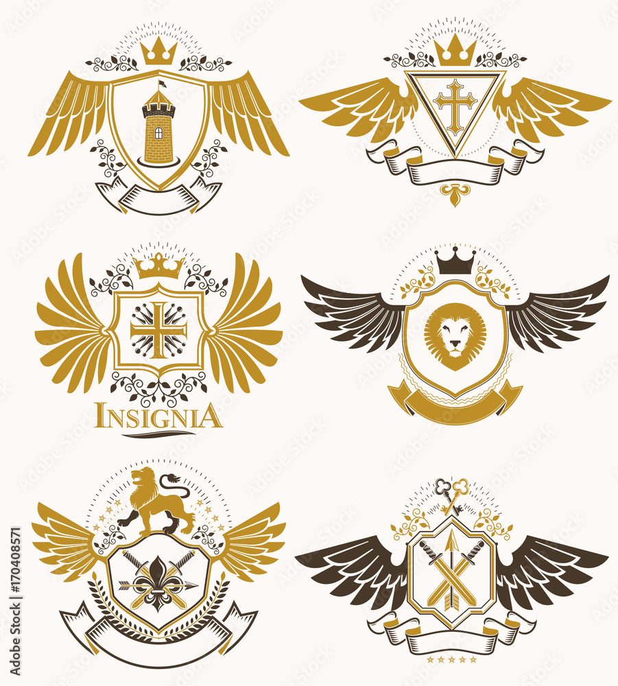Collection of vector heraldic decorative coat of arms isolated on white and created using vintage design elements, monarch crowns, pentagonal stars, armory, wild animals.