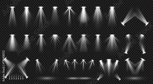 Spot lighting isolated on transparent background vector collection. Bright scene illumination photo