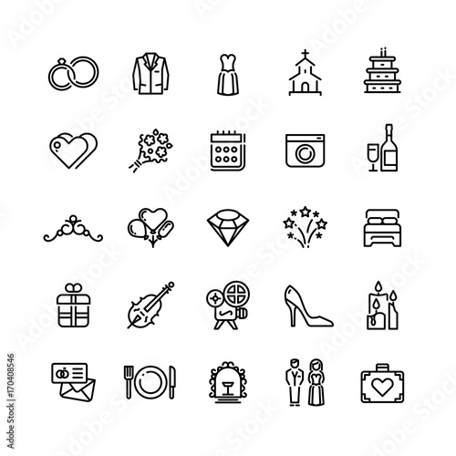 Romance wedding celebration and love in marriage vector line icons