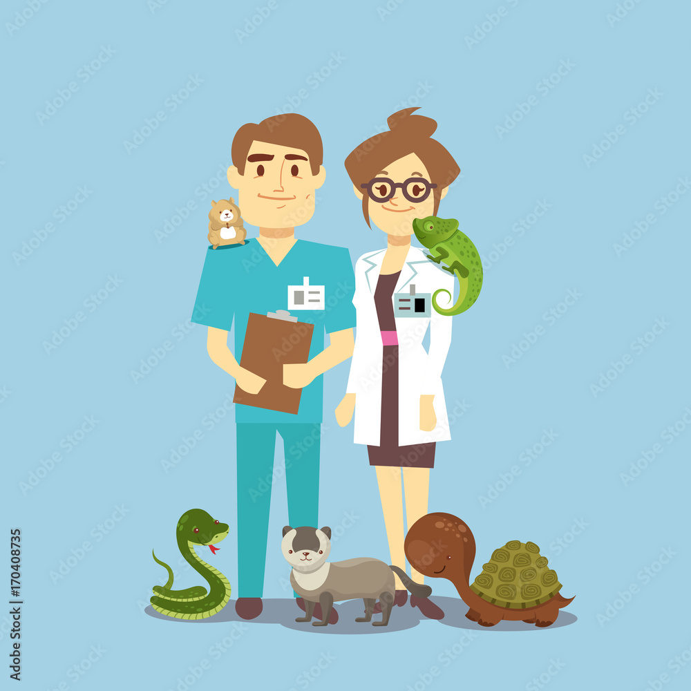 Flat veterinarian and exotic pets isolated on white