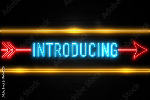 Introducing  - fluorescent Neon Sign on brickwall Front view