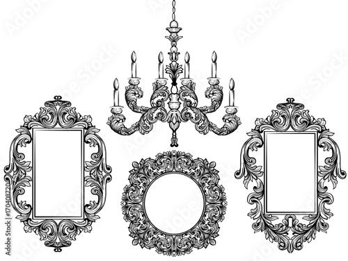 Baroque chandelier and mirror frames. Detailed rich ornament vector illustration graphic line art