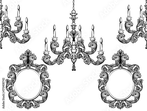 Baroque chandelier and mirror frames. Detailed rich ornament vector illustration graphic line art