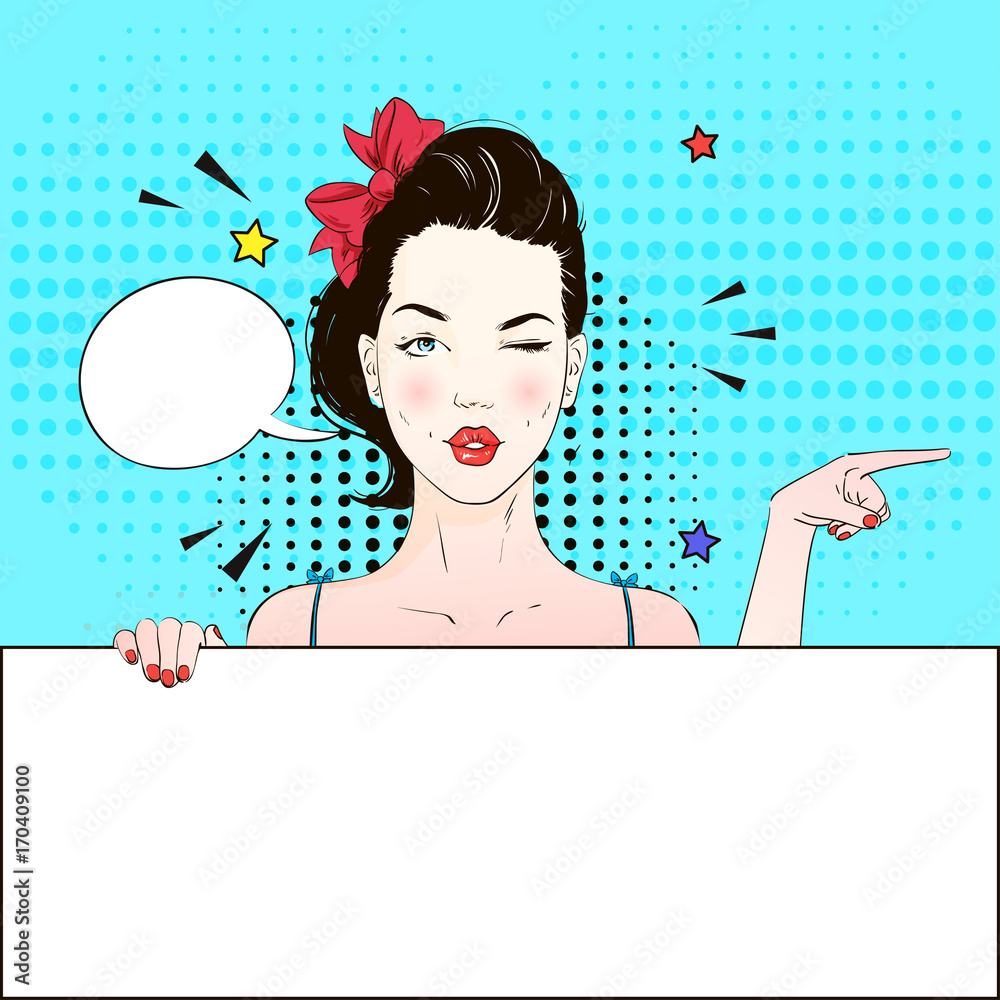 Pop Art Vintage advertising poster comic girl winks and holds a white ...