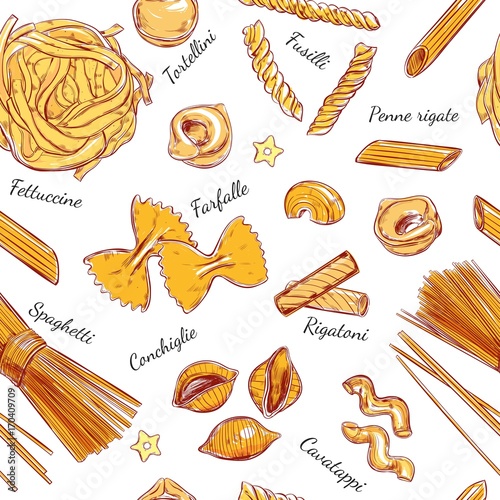 Italian Pasta seamless pattern. Different types of pasta. Vector hand drawn illustration. Isolated objects on white. Colorful.