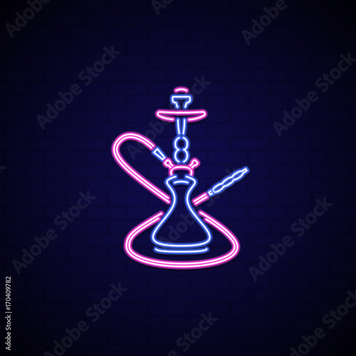 Neon signboard of hookah. Neon sign hookah for lounge cafe emblem, arabian bar, shop.