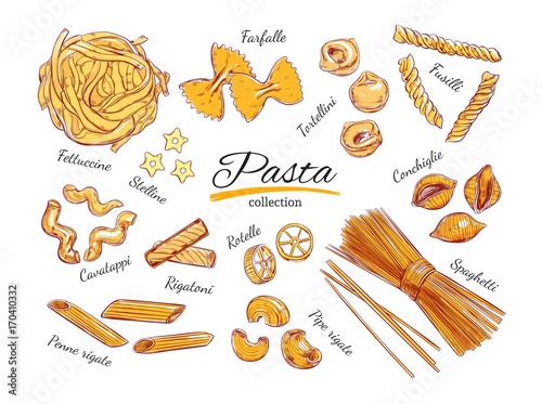 Italian Pasta set. Different types of pasta. Vector hand drawn illustration. Isolated objects on white. Colorful.