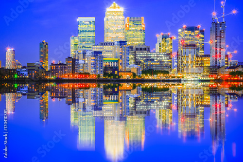 Illuminated cityscape in Canary Wharf  a major business district in east London