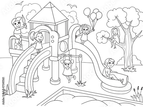 Childrens playground coloring. Vector illustration of black and white
