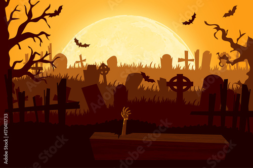 Happy halloween paper cut style. Concept of cemetery. Vector illustration