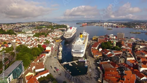 Cruise ships are moored in a harbor of Stavanger in summer, aerial view
