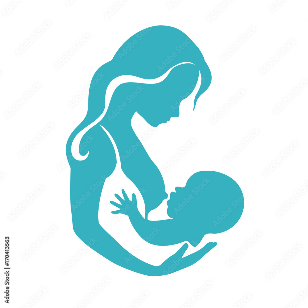 Mother and baby silhouette during breastfeeding process vector