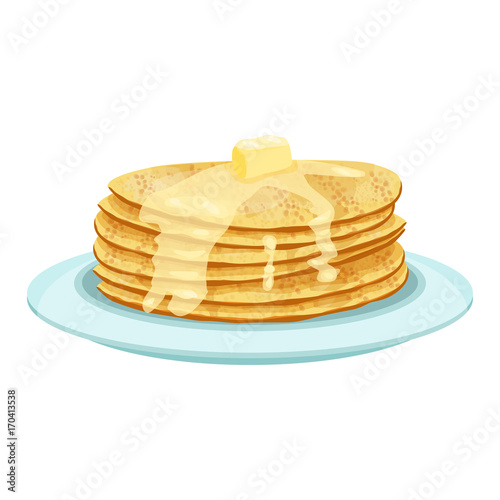 Stack of pancakes on light blue plate isolated illustration