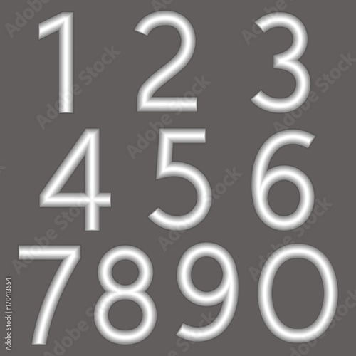 A complete set of numbers made from silver wire with a matte surface. Font is isolated by a gray background. Numbers are made in 3D shapes with smooth edges. Vector illustration.