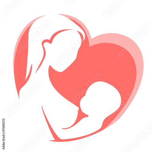 Mother feeding child by breast on background of red heart