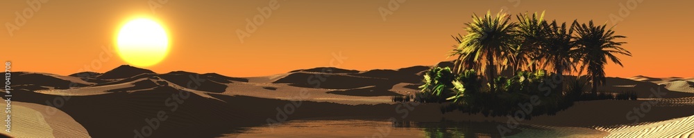 Oasis in the sandy desert, palm trees in the sands, lake in the desert, 3D rendering
