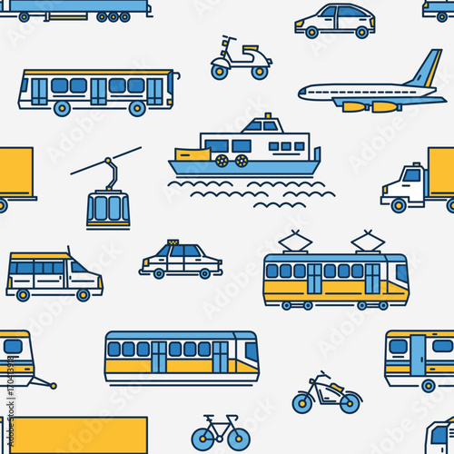 Seamless pattern with transport of different types on white background