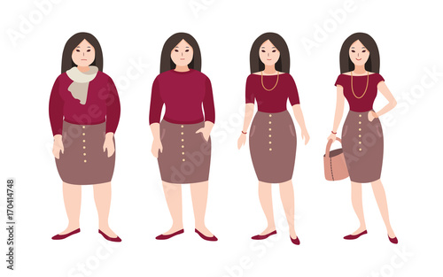 Progressive steps of young female cartoon character s body changing. Concept ...