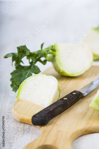 Chopped kohlrabi and knife