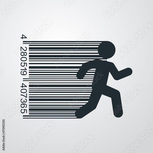 Icono plano codigo de barras con hombre corriendo en fondo degradado