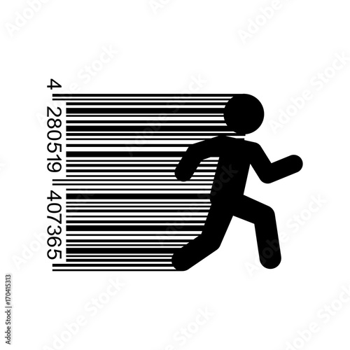 Icono plano codigo de barras con hombre corriendo negro en fondo blanco