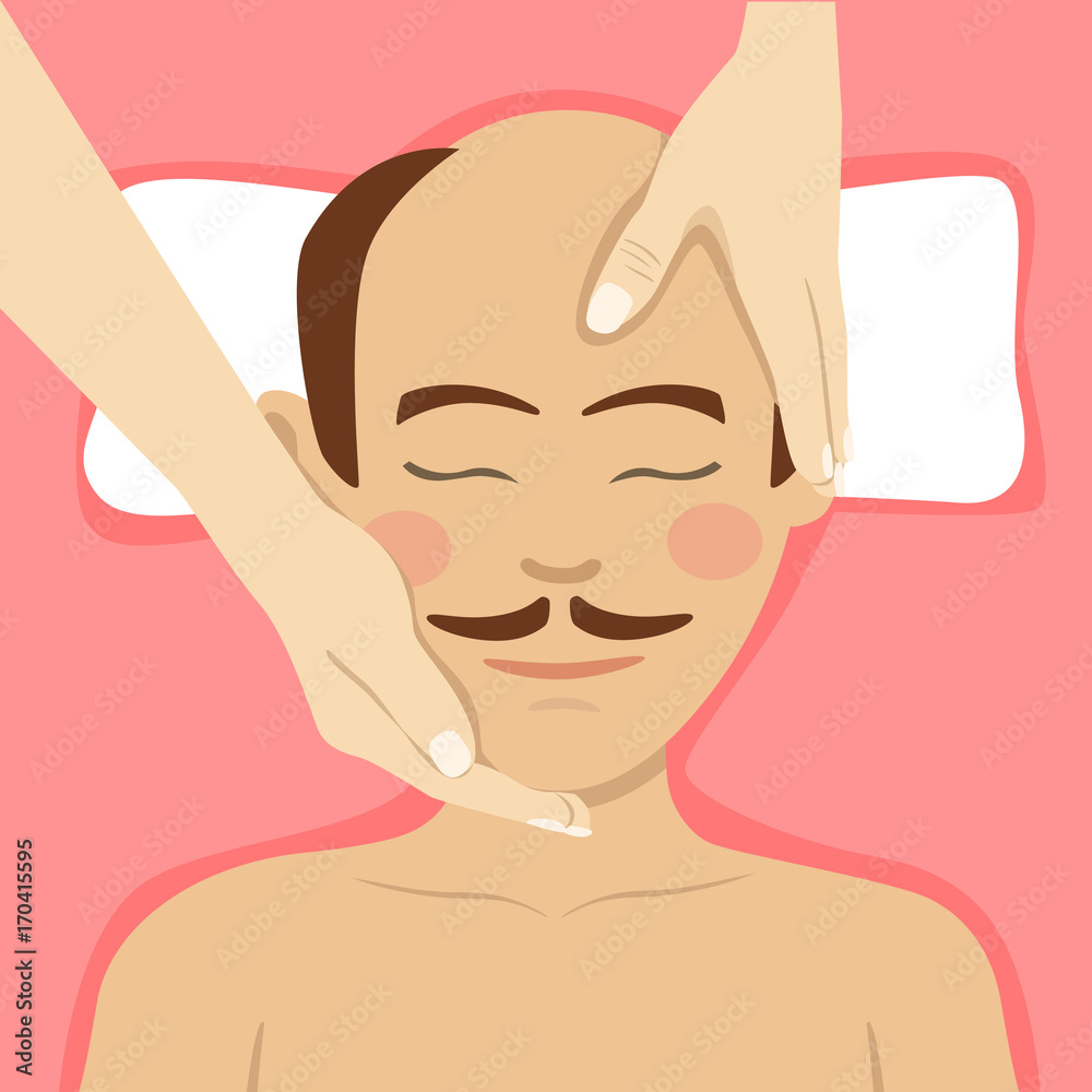 Bald-headed man having head massage in spa. Top view Bald-headed man having head massage in spa. Top view
