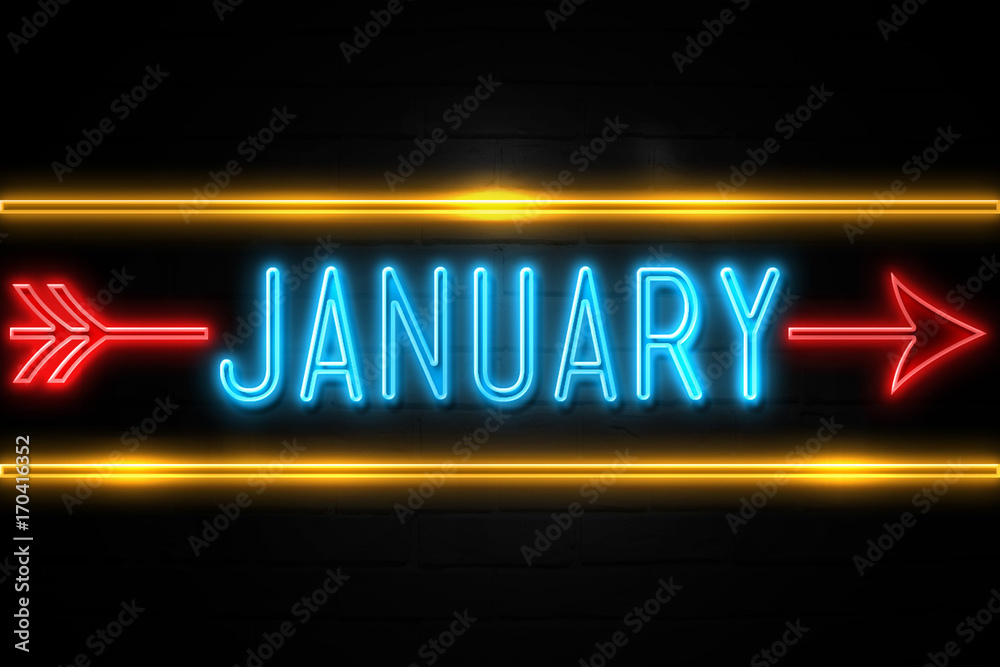 January - fluorescent Neon Sign on brickwall Front view January - fluorescent Neon Sign on brickwall Front view