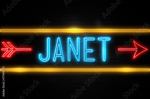 Janet  - fluorescent Neon Sign on brickwall Front view photo
