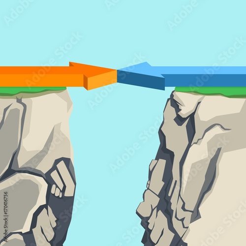 Arrows forming bridge over rocky abyss illustration on light blue
