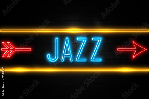 Photography Jazz  - fluorescent Neon Sign on brickwall Front view