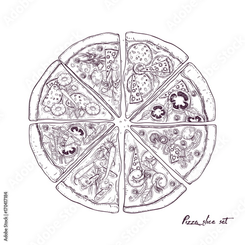 Pizza divided into eight slices with different toppings isolated on white bac...