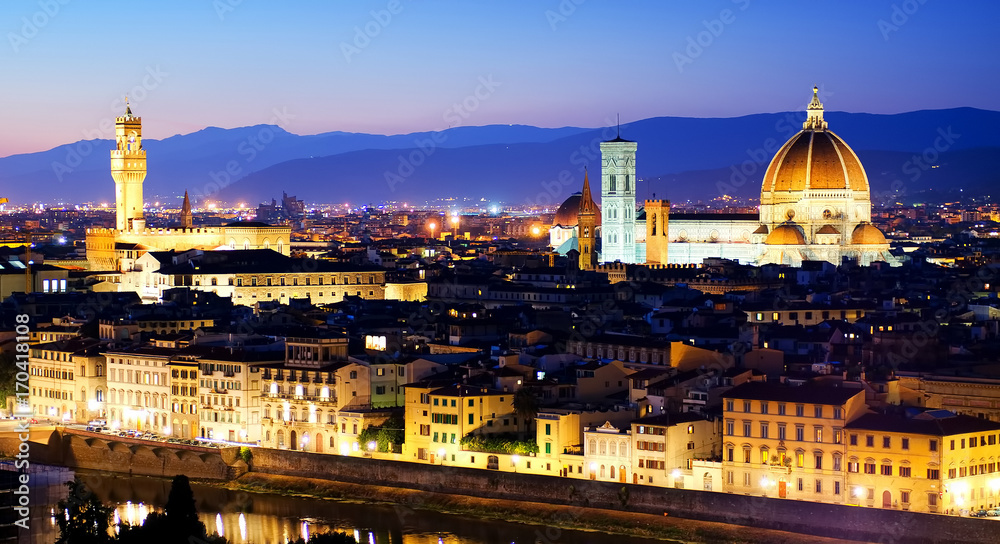 Cityscape of night Florence with famous landmarks