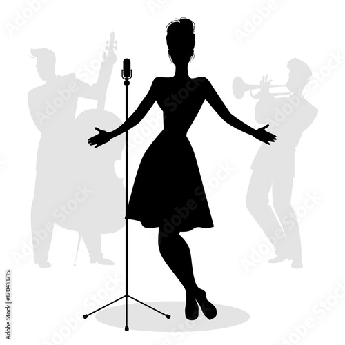 Retro singer woman silhouette with musicians in the background