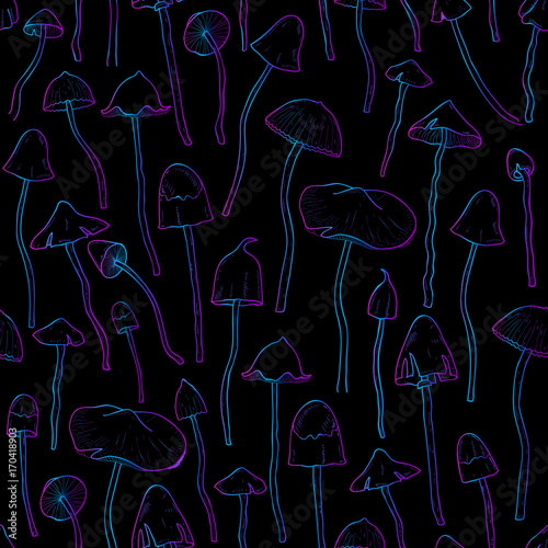 Psychedelic seamless pattern with Psilocybin or hallucinogenic mushrooms hand drawn with colorful lines on black background. Modern vector illustration for fabric print, wallpaper, wrapping paper.