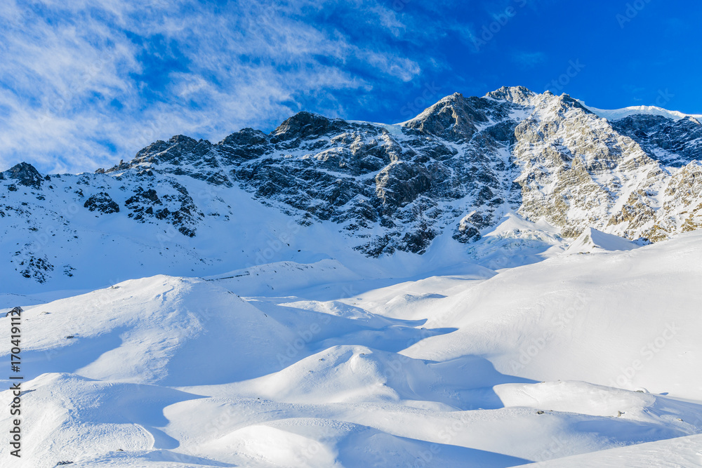 Snow in winter season, mountains. South Tirol, Solda in Italy.