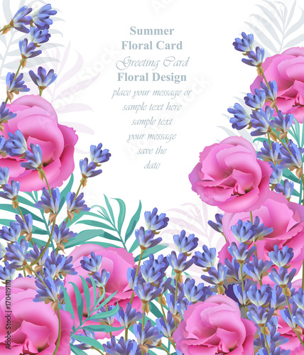 Summer watercolor exotic flowers and lavender. Vector beauty invitation card ...