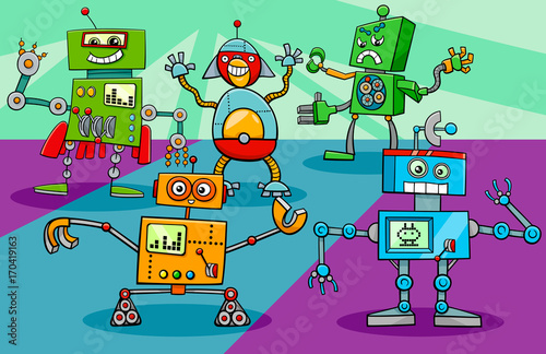 dancing robot characters group cartoon
