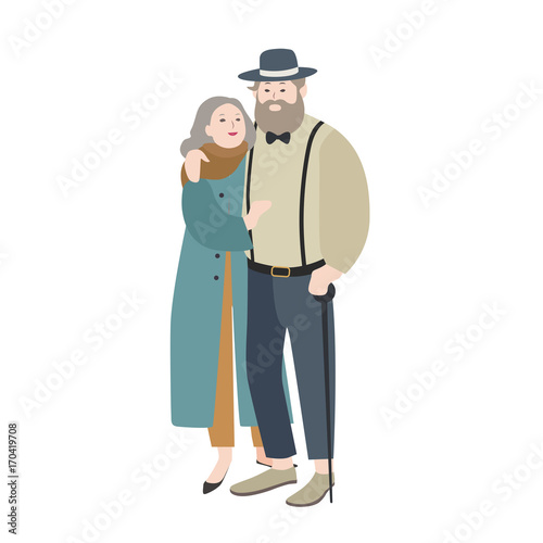 Couple of old man and woman dressed in elegant clothes warmly embracing each other
