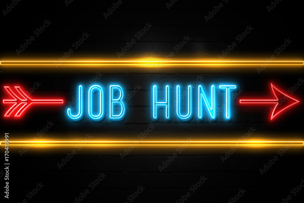 Job Hunt  - fluorescent Neon Sign on brickwall Front view
