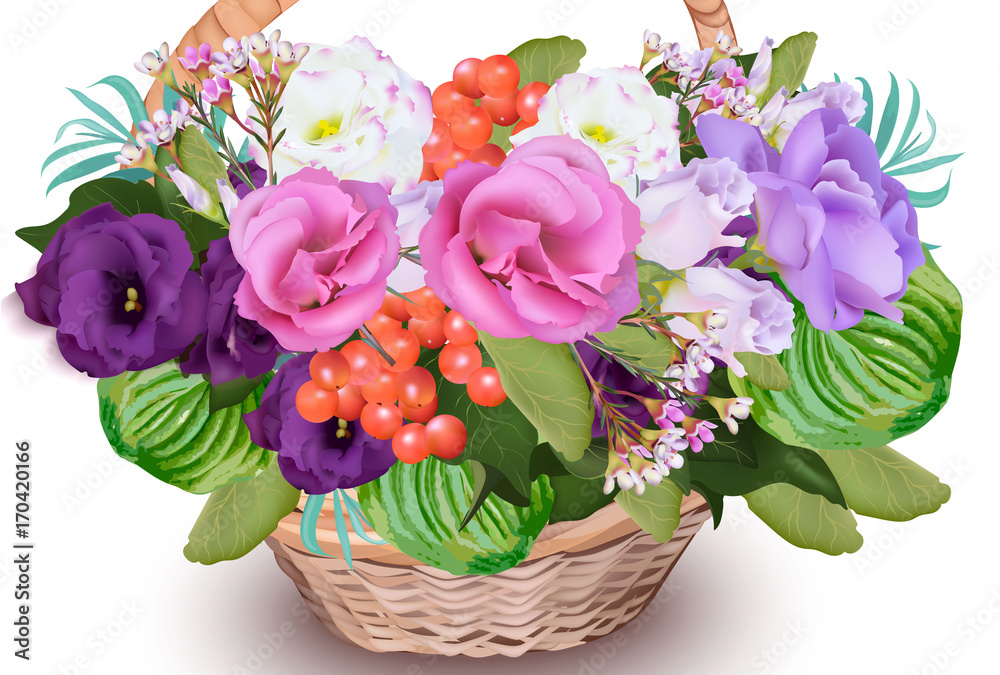 Realistic Floral bouquet in a basket Vector. Beautiful decor detailed illustration for wedding, invitation, card, gift