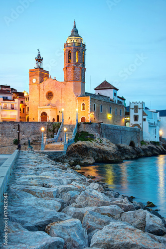 Church of Sant Bertomeu and Santa Tecla in Sitges by night.Costa Brava, Spain.