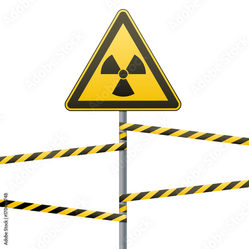 Warning sign on a pole and warning bands. Sign of radiation hazards. Vector illustration.