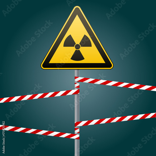 Warning sign on a pole and warning bands. Sign of radiation hazards. Vector illustration.