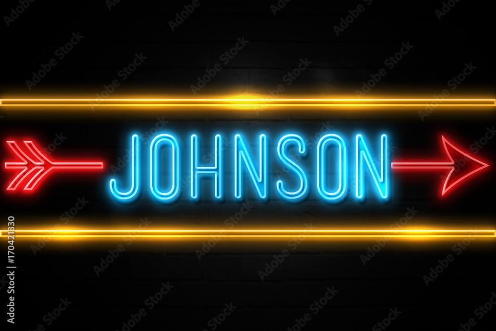 Johnson  - fluorescent Neon Sign on brickwall Front view