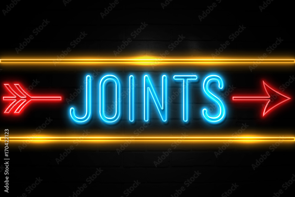 Joints  - fluorescent Neon Sign on brickwall Front view
